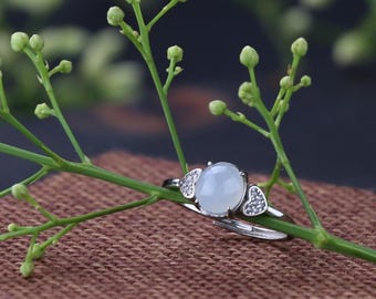 925 Silver Heart Zircon Jadeite Ring, Adjustable
