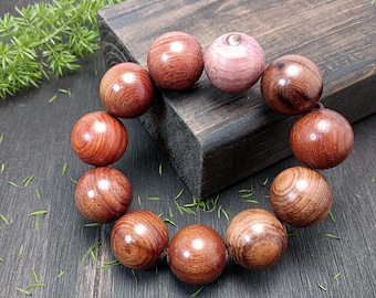 20mm Sandalwood Bracelet, Large Natural Wood Beads, Purple Sandalwood Accent, Stress Relief, Unisex