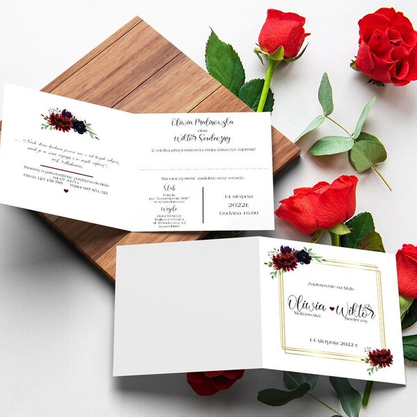 Zaproszenie na Ślub Róże z Kopertą Burgundy Wedding Invitation Square Invitation Card with Envelope Zaproszenie Ślubne Hochzeits Einladung