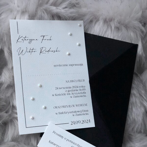 Zaproszenie na Ślub Wedding Invitation Square Invitation Card with Envelope Zaproszenie Ślubne Hochzeits Einladung Jednokartkowe z Perełkami