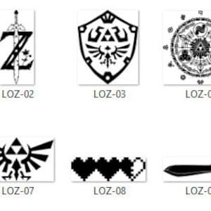 May include: Nine black and white illustrations of various symbols from the Legend of Zelda video game series. The symbols include the Triforce, Master Sword, Hylian Shield, and the iconic mask of Majora's Mask.