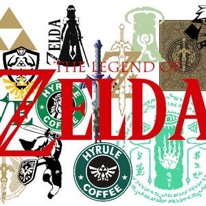 Puede incluir: Un collage de imágenes que representan la franquicia de videojuegos The Legend of Zelda. El collage incluye el símbolo icónico de la Triforce, la Espada Maestra y varios personajes y objetos de los juegos. Las palabras "The Legend of Zelda" se muestran de forma prominente en rojo.