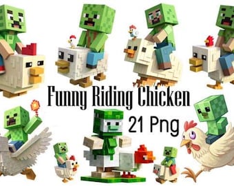 May include: A collection of digital images featuring pixelated characters riding chickens. The characters have green block-shaped heads and are dressed in various outfits. The chickens are white and yellow, with red combs. Text reads "Funny Riding Chicken 21 Png."
