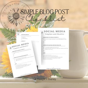 May include: A checklist for creating a simple blog post with a focus on social media promotion. The checklist includes sections for brainstorming a title, identifying the target audience, writing an introduction, and creating a body for the post. The checklist also includes a section for promoting the post on social media.