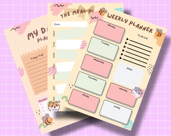 May include: A set of three printable planners featuring a cute cartoon hamster and bee design. The planners include a daily planner, a meal planner, and a weekly planner. The planners are designed with a light yellow background and pink, green, and brown accents.