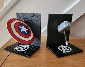 A PAIR of Avengers Bookends Captain America Shield and Thor's Hammer