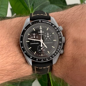 MoonSwatch strap high quality black leather | Omega x Swatch & Moonwatch Speedmaster