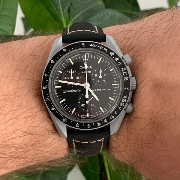 MoonSwatch cinturino in pelle nera di alta qualità | Omega x Swatch & Moonwatch Speedmaster