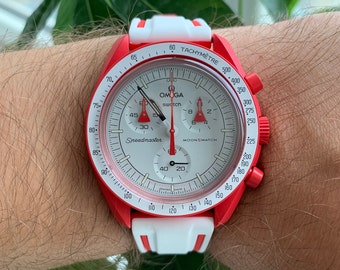 MoonSwatch horlogeband, wit en rood, hoogwaardige siliconen horlogeband | Omega x Swatch & Moonwatch Speedmaster