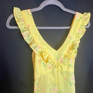 163. Vintage maxi dress; yellow floral; sleeveless