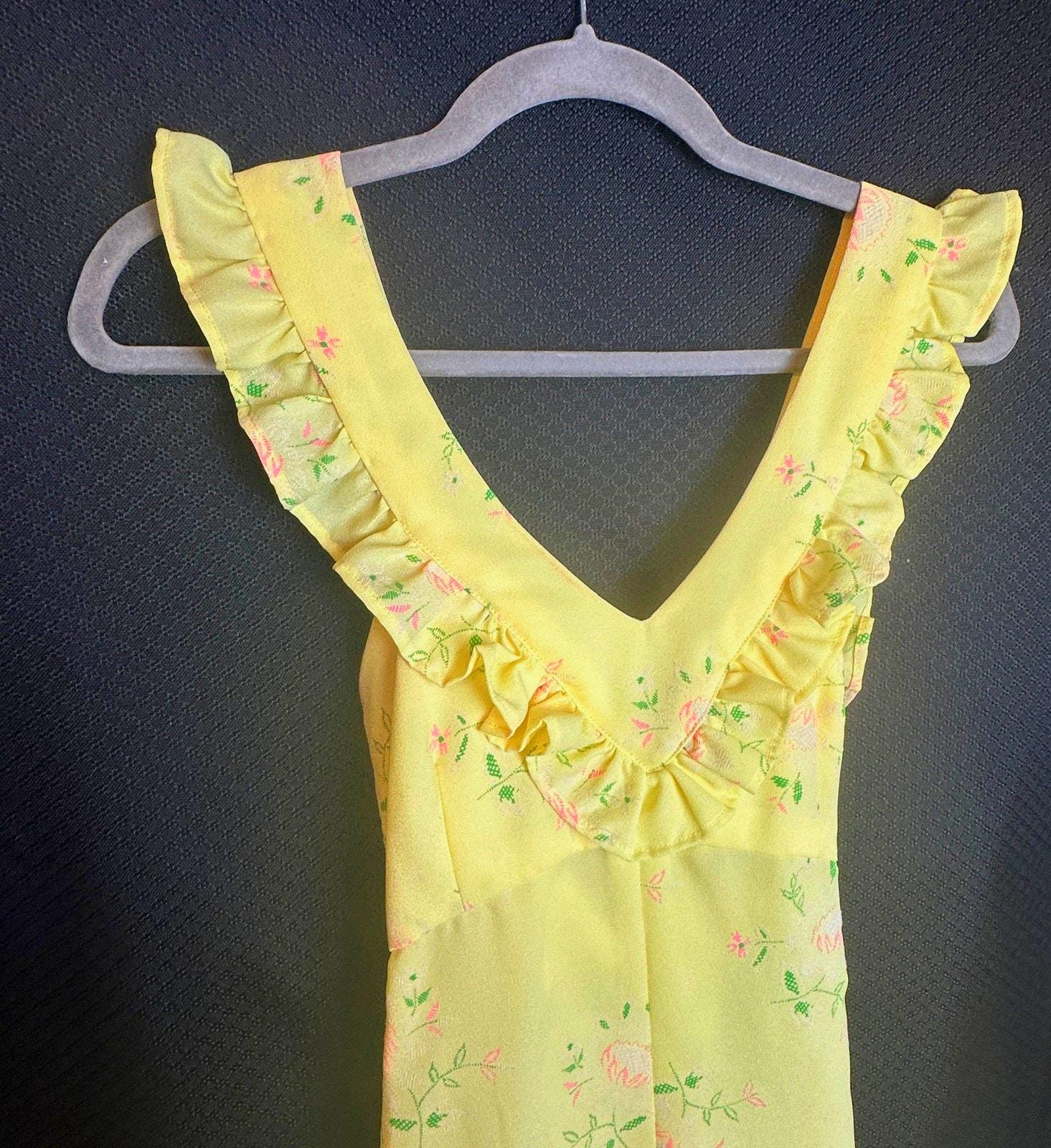 163. Vintage maxi dress; yellow floral; sleeveless
