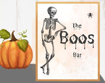 Letrero editable para el menú de fiesta de The Boos Bar: fiesta de disfraces de Halloween, decoración, esqueleto, bebidas. Editable, imprimible, descarga instantánea.
