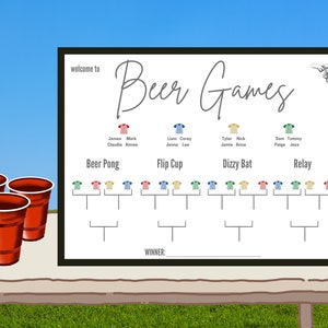 May include: A white sign with the words "Beer Games" in cursive, listing games like Beer Pong and Relay. Red plastic cups are on a table in front of the sign. The sign has a black border and a green and blue background.