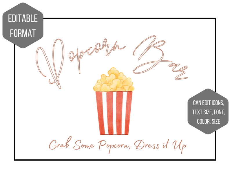 Cursive Popcorn Editable Popcorn Bar Sign - Wedding, Engagement, Shower, Birthday ...