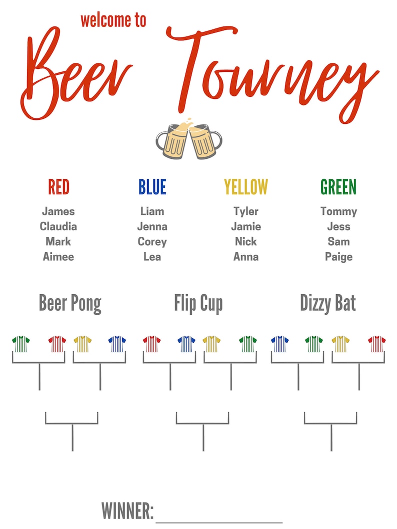 K&ouml;nnte beinhalten: Ein wei&szlig;es Beer Tourney-Turnierraster mit roten, blauen, gelben und gr&uuml;nen Teamnamen und Spielerlisten. Das Raster enth&auml;lt Abschnitte f&uuml;r die Spiele Beer Pong, Flip Cup und Dizzy Bat mit Platz f&uuml;r den Gewinner.