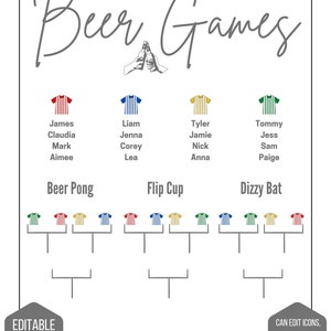 K&ouml;nnte beinhalten: Ein wei&szlig;es Poster mit dem Text "welcome to Beer Games" in Schreibschrift. Es zeigt Teamnamen und Spielpl&auml;ne f&uuml;r Beer Pong, Flip Cup und Dizzy Bat. Das Poster enth&auml;lt auch ein editierbares Format und Anpassungsoptionen.