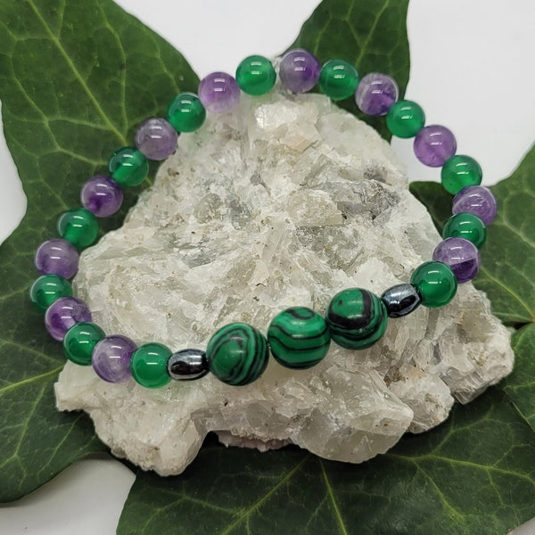 Bracelet d'énergie en améthyste, agathe verte, malachite et hématite