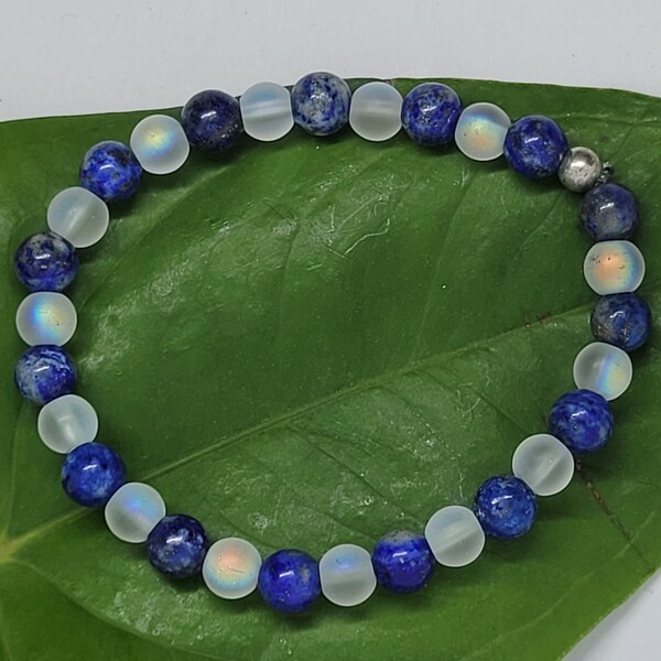 Natural lapis lazuli stone bracelet and iridescent glass Natural stone bracelet for men and women Lithotherapy Handmade jewelry