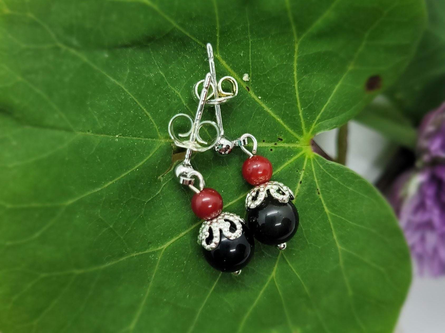 Boucles D'oreilles Argent 925 Avec Onyx Corail Rouge Et Camées Papillon - Neuf Delmaoro