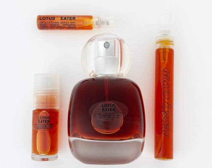Lotus Eater natural botanical perfume: pink lotus, orange blossom, vanilla orchid, sparkling musk