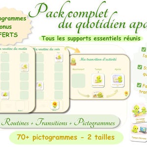May include: A set of visual aids for daily routines and transitions. The design includes illustrated cards with text in French, such as "Ma routine du matin" and "Ma transition d'activité." The image also features the text "70+ pictogrammes - 2 tailles."