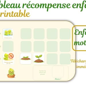 Peut inclure: Un tableau de récompenses imprimable pour enfants, avec un fond beige clair et des accents verts et jaunes. Le tableau comprend des objectifs illustrés, un espace pour les récompenses et le texte "Tableau récompense enfant Printable".