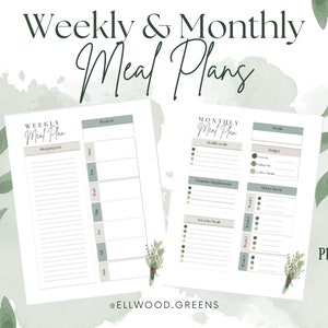 Weekly & Monthly Meal Plan and Grocery List with Eucalyptus leaves- to print PDF