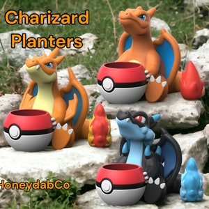 Può includere: Vasi Charizard di HoneydabCo. Due vasi Charizard, uno arancione e uno blu, con vasi a forma di Poké Ball. Ogni vaso ha una piccola statuetta di Charizard accanto.