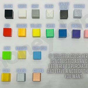 May include: Colour chart with various colours of paint samples, including black, white, grey, clear, galaxy black, marble, red, orange, yellow, green, blue, purple, pink, lime, banana, baby blue, gold, silver, and copper. If you see a colour here that is not listed as an option, feel free to purchase black and leave a note of the colour you want.