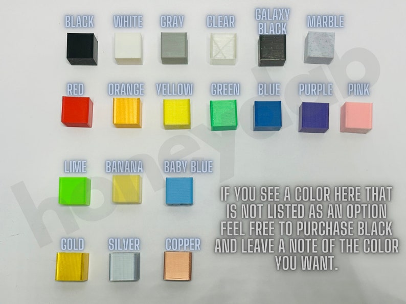 K&ouml;nnte beinhalten: Farbkarte mit verschiedenen Farbmustern, darunter Schwarz, Wei&szlig;, Grau, Klar, Galaxy Schwarz, Marmor, Rot, Orange, Gelb, Gr&uuml;n, Blau, Lila, Rosa, Limette, Banane, Babyblau, Gold, Silber und Kupfer. Wenn Sie hier eine Farbe sehen, die nicht als Option aufgef&uuml;hrt ist, k&ouml;nnen Sie gerne Schwarz kaufen und eine Notiz mit der gew&uuml;nschten Farbe hinterlassen.