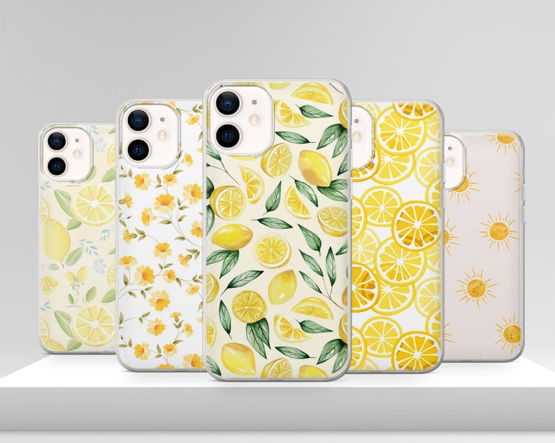 May include: Four different phone cases with lemon designs. The cases are clear and show the phone's color through the design. The designs include lemons, leaves, and flowers.