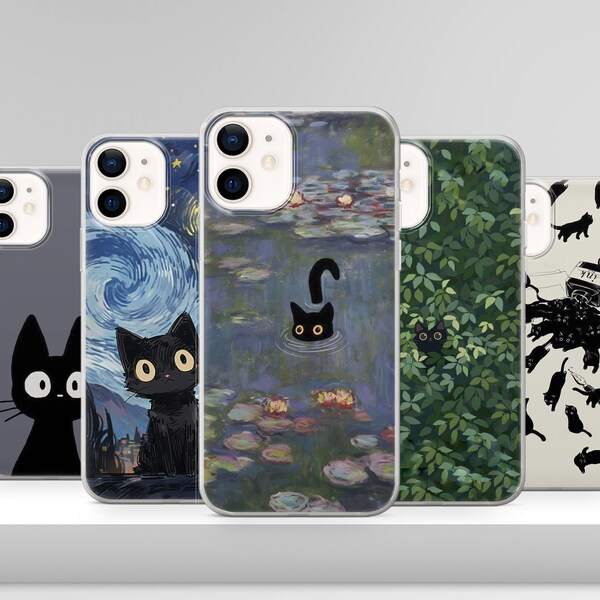 Aesthetic Black Cat Phone Case Art Painting Cover for iPhone 15 14 13 12, Samsung S23 S22 A74 A54 A14, Pixel 8 Pro 7A