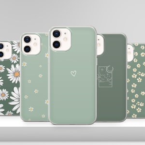 Custodia per telefono minimalista con margherite e fiori verdi per iPhone 16, 15, 14, 13, 12 Pro, Xs SE, Samsung S24FE, S24, S23, S22 FE, A25, A15, Pixel 8A, 7 Pro 9