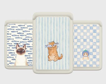 Cute Blue Stripe Cat Magsafe Wallet, Magnetic Leather Funny Fish Card Holder For iPhone 17 16 15, iPhone 14, iPhone 13 SE Pro Max Plus