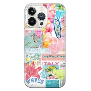 Puede incluir: Una funda de tel&eacute;fono colorida con un collage de im&aacute;genes, que incluyen una tabla de surf, una concha, un c&oacute;ctel, una tortuga, una flor y una ciudad. El texto "Beach St." y "Key West, Florida 24.5551 N, 81.7800 W" es visible en la funda.