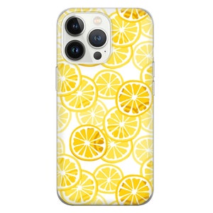 May include: A clear phone case with a white background and a pattern of yellow lemon slices.