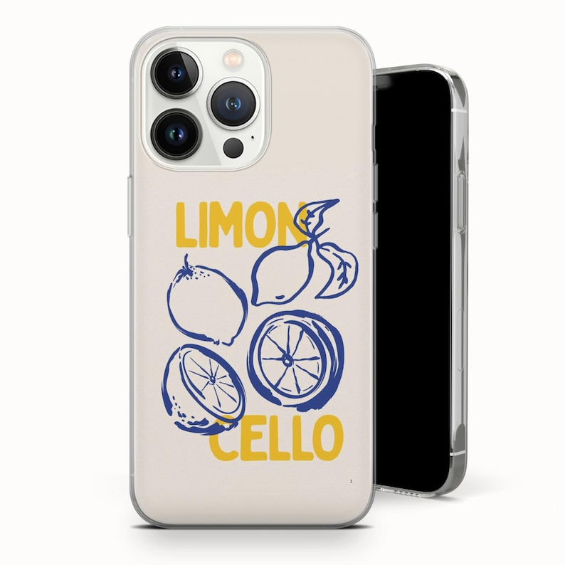 May include: A clear phone case featuring a design with the words "LIMONCELLO" in yellow, with blue illustrations of lemons and lemon slices. The phone case is on a white background.