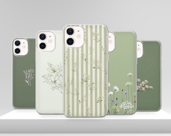 Sage Green Floral Phone Case Minimalist Stripes Cover for iPhone 17 Pro Max 17e 15 14 12 & Samsung S25 Ultra S24 FE A56 Pixel 10 XL 9a 8