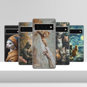 May include: Five different phone cases with various cat-themed designs. The cases feature a variety of cats, including a white cat with a blue turban, a knight in armor, a cat reaching out to a hand, a group of cats, and a cat in a starry night scene.