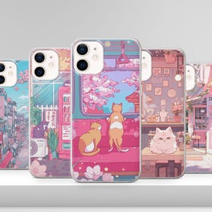 Custodia per telefono Lofi rosa con paesaggio giapponese e gatto anime per iPhone 16, 15, 14, 13, 12 Pro Xs, Samsung S24, S23, S22 FE, A16, Pixel 8A, 7 Pro 9