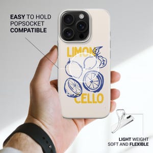 May include: A clear phone case with a lemon design. The case features the words "LIMONCELLO" in yellow and blue, with illustrations of lemons. The case is labeled "EASY TO HOLD POPSOCKET COMPATIBLE" and "LIGHT WEIGHT SOFT AND FLEXIBLE".
