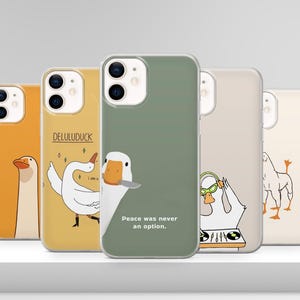May include: A collection of five phone cases with humorous goose illustrations. The cases feature various designs, including a goose with a knife and the text "Peace was never an option."
