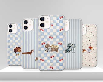 Cute Dachshund Phone Case Blue Stripes Cherry Dog Cover for iPhone 17 Pro Max 17e 15 14 12 & Samsung S25 Ultra S24 FE A56 Pixel 10 XL 9a 8
