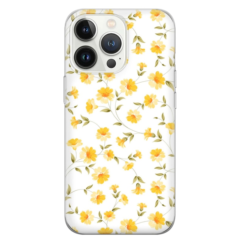 May include: A clear phone case with a white background and a yellow floral pattern. The case is designed for an iPhone.