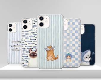 Cute Blue Stripe Cat Phone Case Funny Fish Cover for iPhone 17 Pro Max 17e 15 14 12 & Samsung S25 Ultra S24 FE A56 Pixel 10 XL 9a 8
