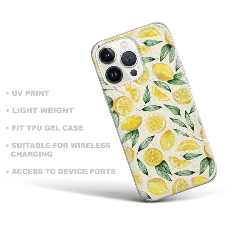 May include: A clear phone case with a lemon print. The case is designed to fit a phone with a triple lens camera system. The case is made of TPU gel and is suitable for wireless charging.