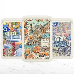 Portefeuille Magsafe collage européen tendance, joli porte-cartes magnétique en cuir plage, Grèce italienne pour iPhone 15, iPhone 14, 13 SE Pro Max Plus