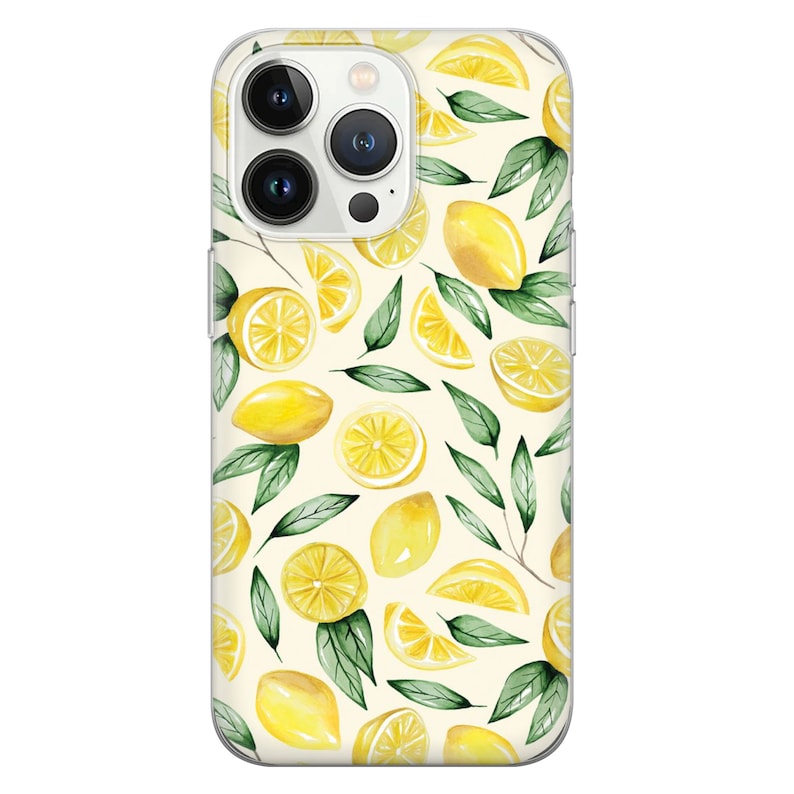 May include: A clear phone case with a pattern of yellow lemons and green leaves on a cream background.