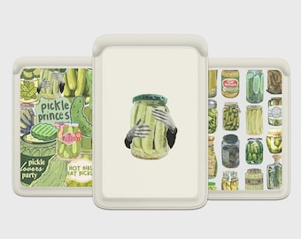 Vintage Green Pickle Magsafe Wallet, Magnetic Leather Funny Food Collage Card Holder For iPhone 15, iPhone 14, iPhone 13 SE Pro Max Plus