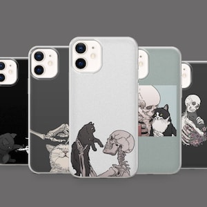 Custodia per telefono con gatto nero spettrale, custodia per amante dei gatti scheletro per iPhone 16 15 14 13 12 Pro Xs SE Samsung S24FE S24 S23 S22 FE A25 A16 Pixel 8A 7 Pro